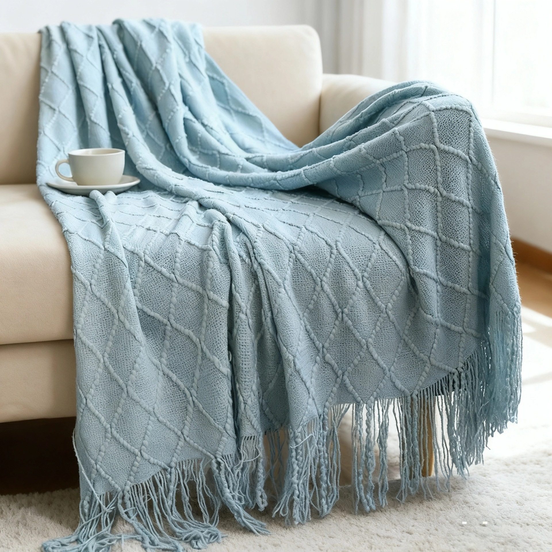 Nordic Retro Quilted Wool Tassel Air-Conditioning Blanket Bay Window Blanket Knitted Sofa Blanket Bedside Towel Nap Blanket