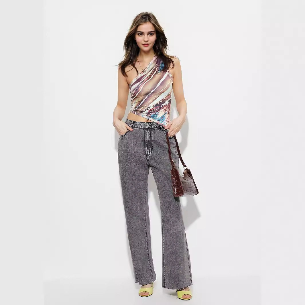 High Waisted Wide Leg Jeans Loose Fit Straight Cut Durable Denim Casual Wear for Women Ready to Ship