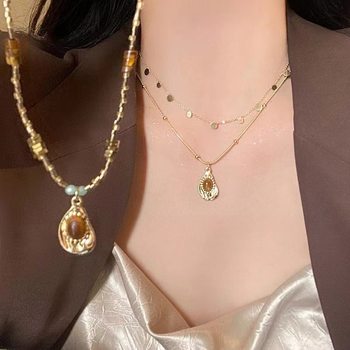 Tiger's Eye Stone Natural Woven Necklace for Women, Vintage Style Accessory, 2025 New Model with a High-End Feel, Collarbone Chain