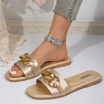 Women's Shoes, New Fashionable Slippers, Classic and Versatile, Solid Color, Metal Decoration, Square Toe, Flat Sandals