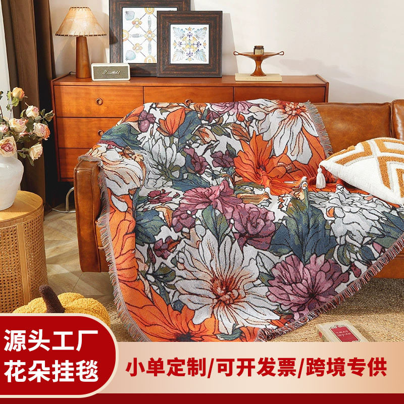 Cross-border custom flower decorative tapestry picnic blanket multi-functional cotton thread blanket sofa cover blanket outdoor camping blanket factory