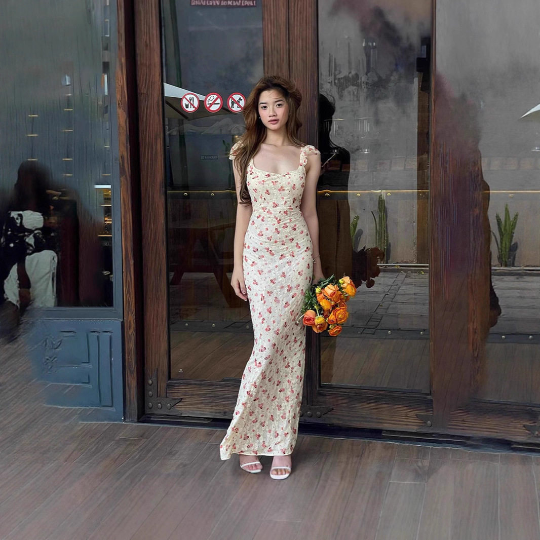 Retro Square Neck Rose Backless Dress Sweet and Spicy Style Autumn Collection Wholesale Available