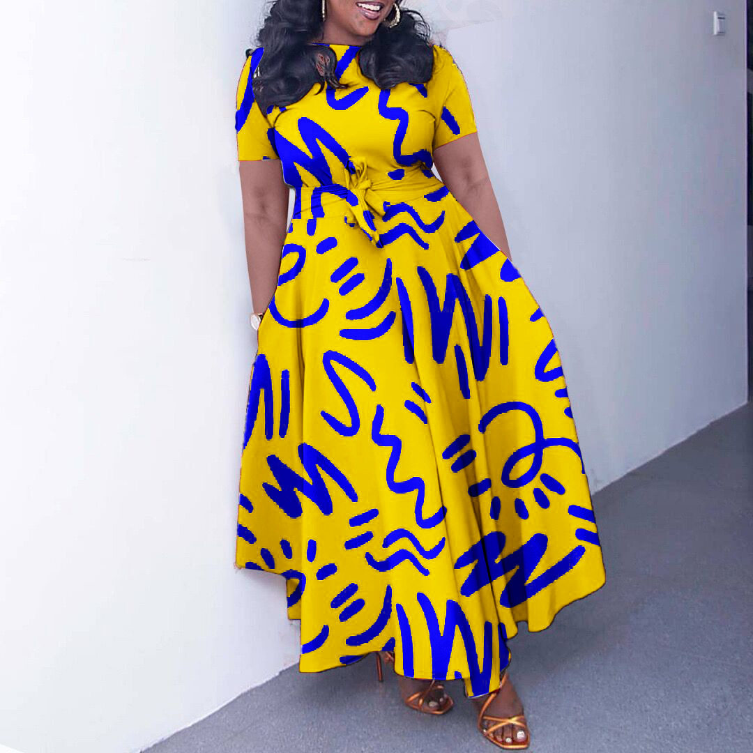 African Print Short Sleeve A Line Dress Stylish Elegant Tie Detail Perfect for Summer Events Wholesale Available