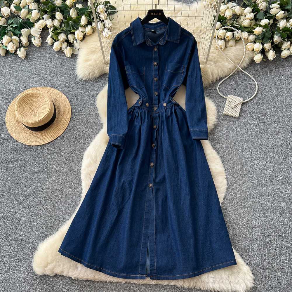 Summer Womens Denim Shirt Dress Long Sleeve Waist Defining A Line Silhouette Elegant Casual Style Wholesale