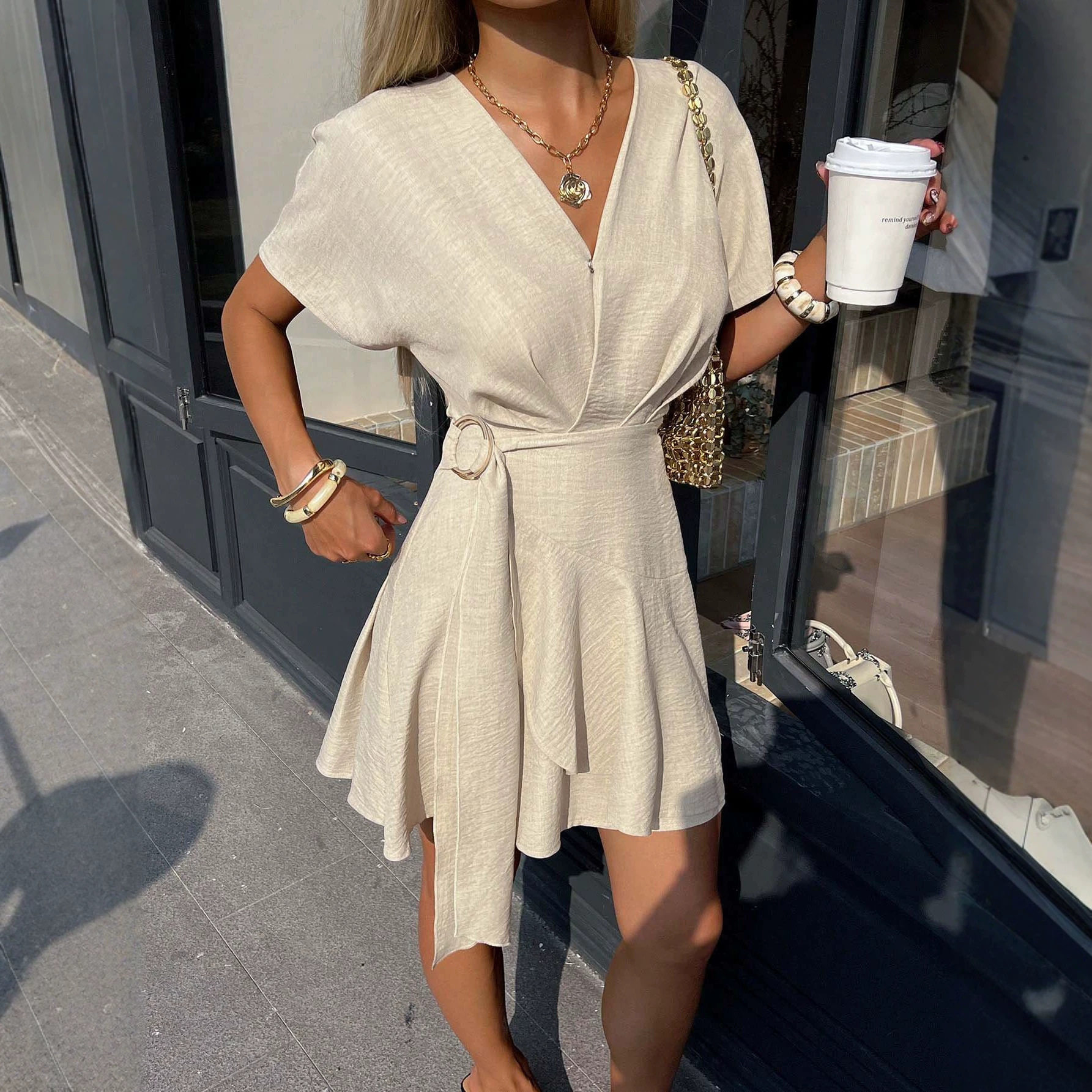 V Neck A Line Dress Soft European and American Style Waist Defining Asymmetrical Hem Unique Design Perfect for