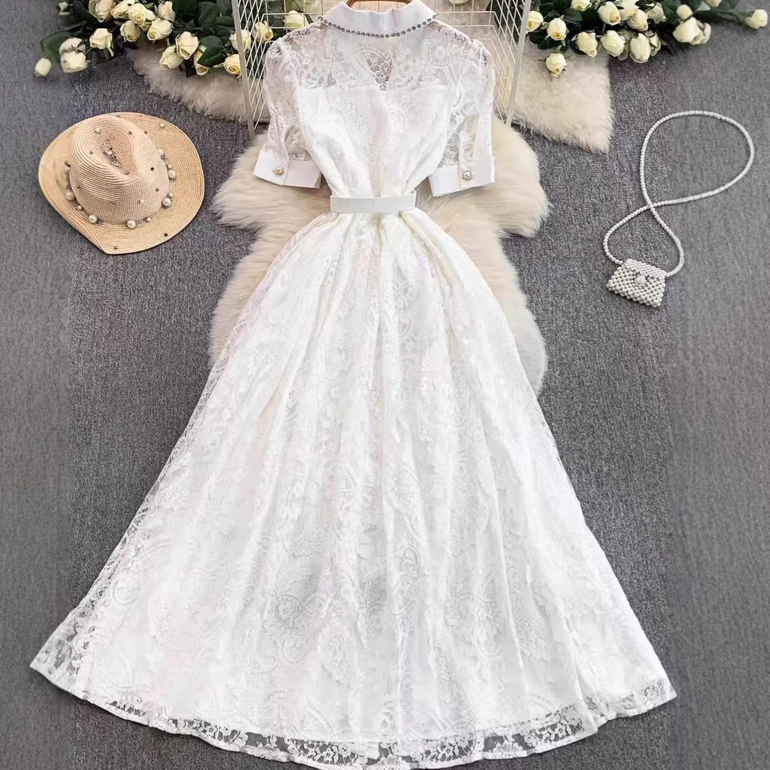 Elegant Lace Blazer Dress Pearl Button Waist Defined Flared Skirt Spring and Autumn Fashion Wholesale Available
