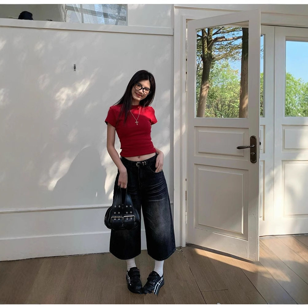 小个子辣妹正肩短袖T恤女2025新款夏季修身显瘦打底衫百搭短上衣