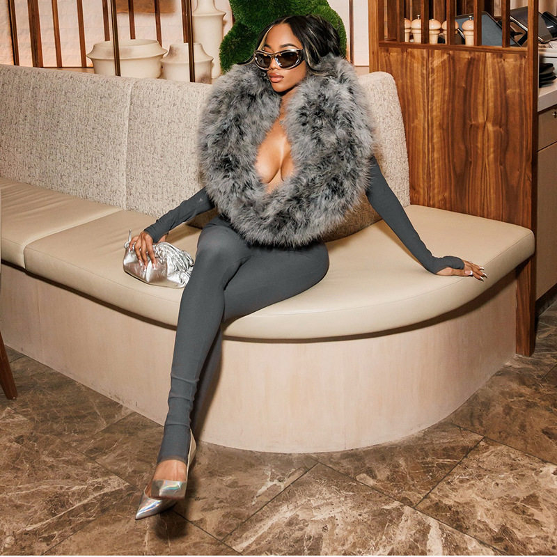 Q25JP303欧美时尚辣妹女装2025秋冬款长袖毛毛踩脚套指紧身连体裤