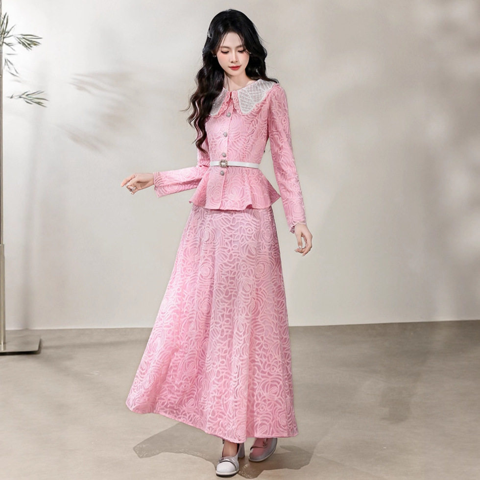 French Style Elegant Womens Two Piece Set Embroidered Beaded Doll Collar Waist Tie Long Sleeve Top High Waist Skirt