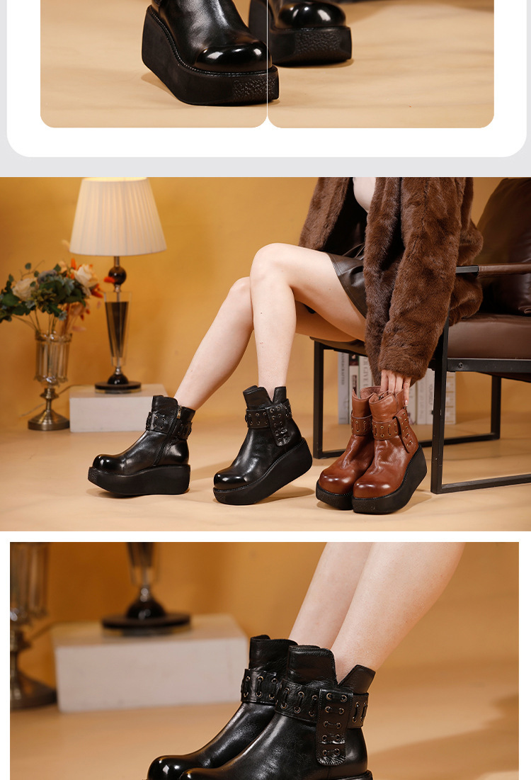 Boot nữ cổ cao da bò lót lông giữ ấm gót vừa — Lớp lót nhung đen, Lớp lót nhung màu nâu
