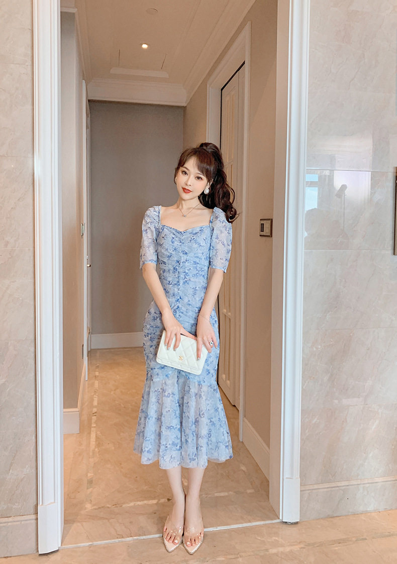 Đầm maxi nữ thắt eo cổ vuông họa tiết hoa tay bồng — [Xanh nhạt] chi tiết 5