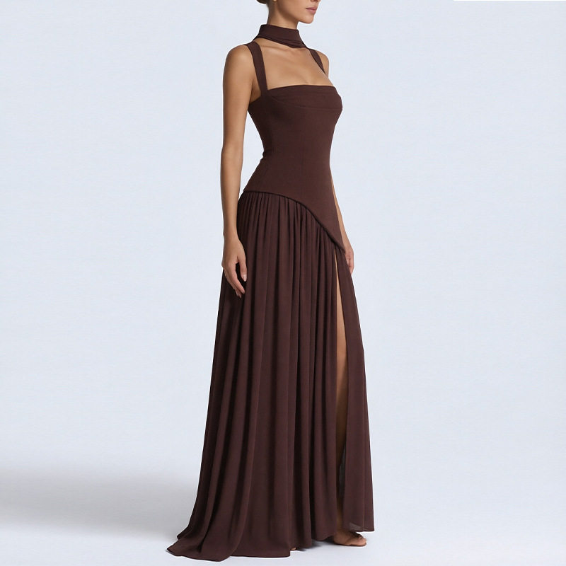 Womens Summer Dress Elegant Solid Color Pleated Design Side Slit Perfect for Casual or Formal Occasions Wholesale
