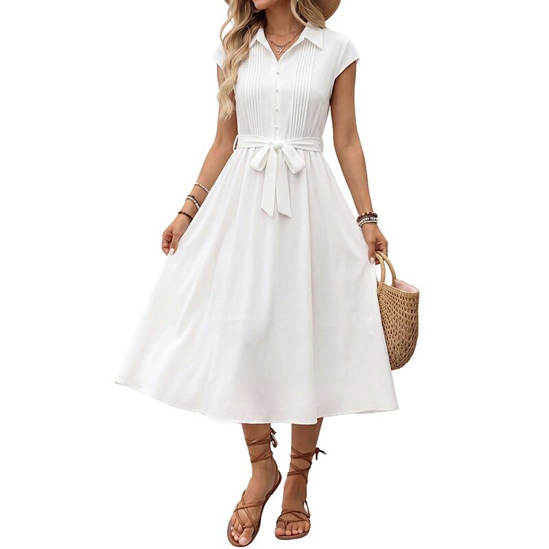 White Lapel Waist Tied Shirt Dress Minimalist Design Commuter Style Versatile Wear Wholesale Available