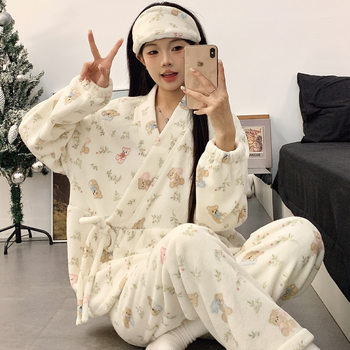 [Postpartum Headband] Autumn and Winter Maternity Pajamas for Pregnant Women, Postpartum Clothing for Breastfeeding, Fleece-Lined and Thickeneded Warm Suits