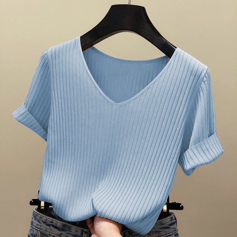 Womens Ice Silk Short Sleeve T Shirt Slim Fit V Neck Knitted Fabric Summer Casual Wear Wholesale Available