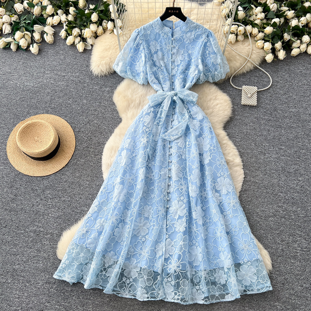 Elegant Lace Embroidered Dress High Waist A Line Silhouette Summer Style Perfect for Office and Formal Events