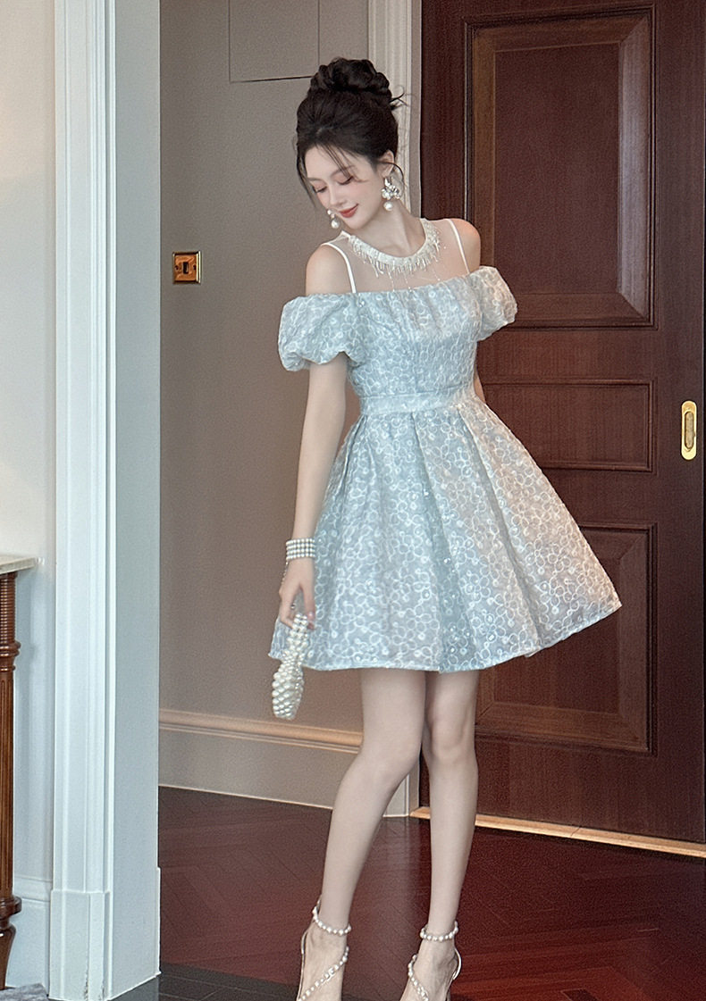Đầm ren nữ tay bồng cổ tròn A chữ A dáng midi — [Xanh dương] chi tiết 6