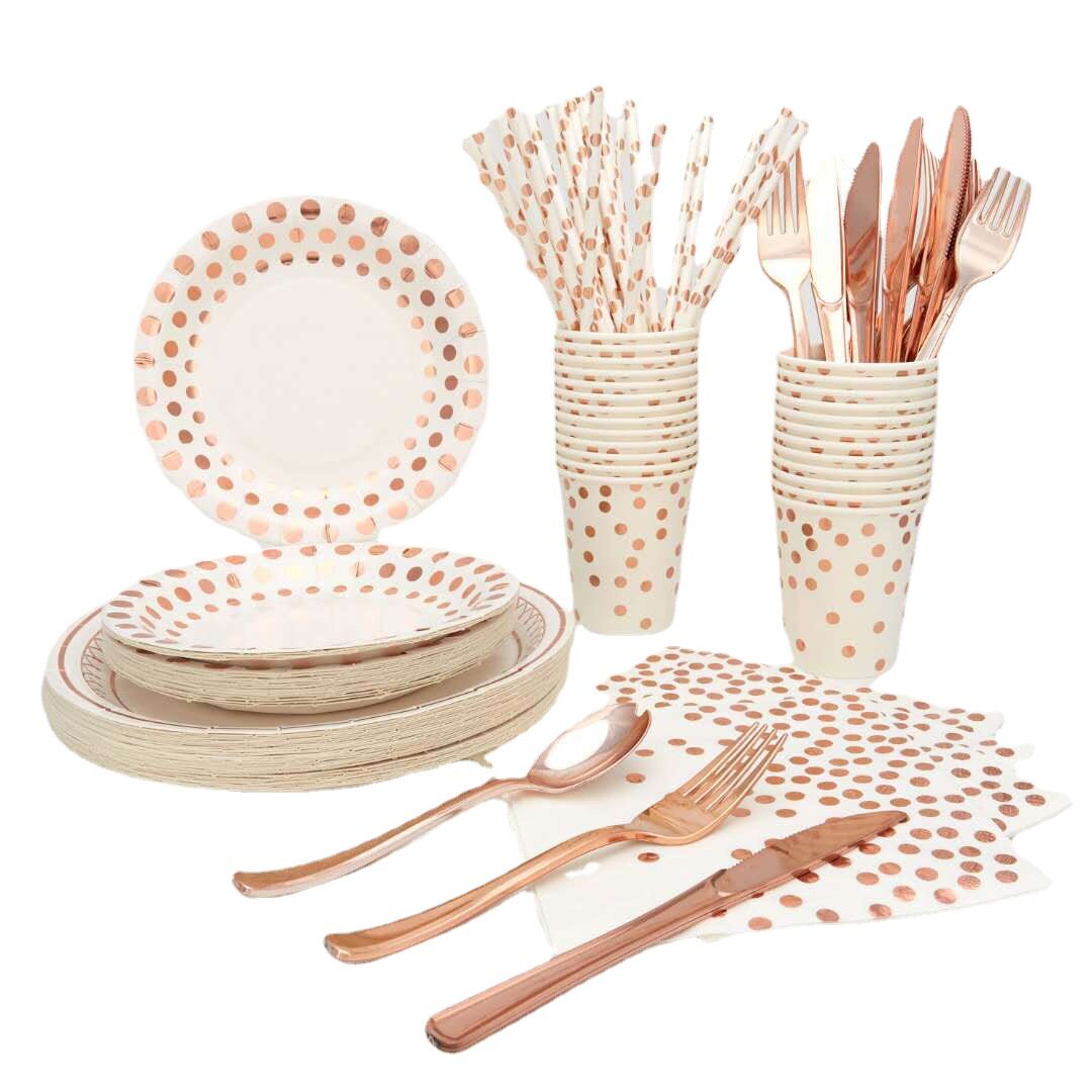 Hot Rose Gold Dot Disposable Degradable Paper Plate Paper Cup Knife, Fork and Spoon Tableware Set Hotel Restaurant Western Food Supplies