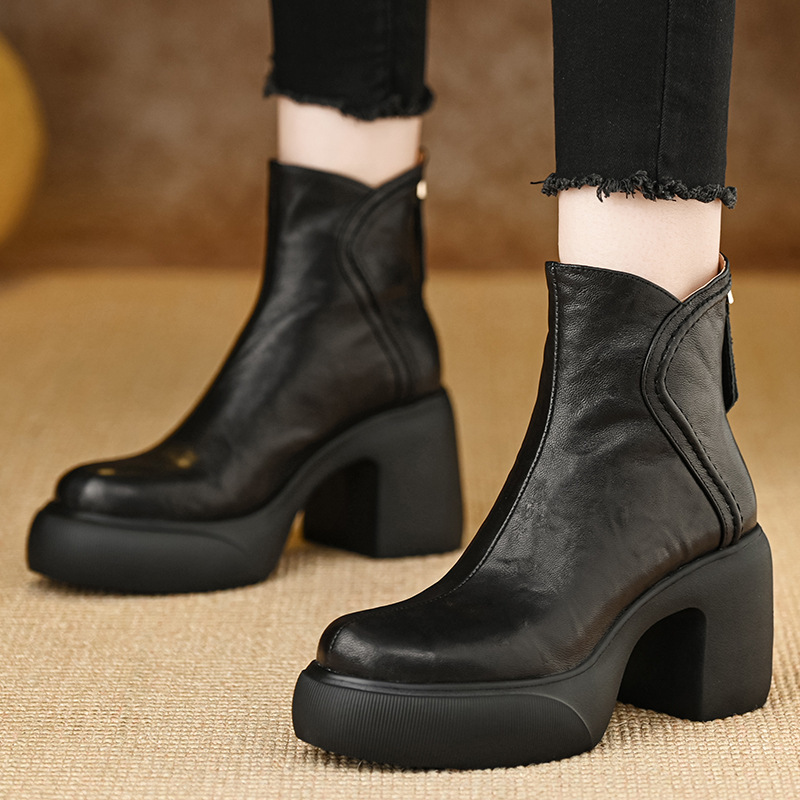 Boot nữ cổ thấp gót dày đế bệt 8.5cm mũi tròn phong cách thanh lịch — màu đen, màu nâu