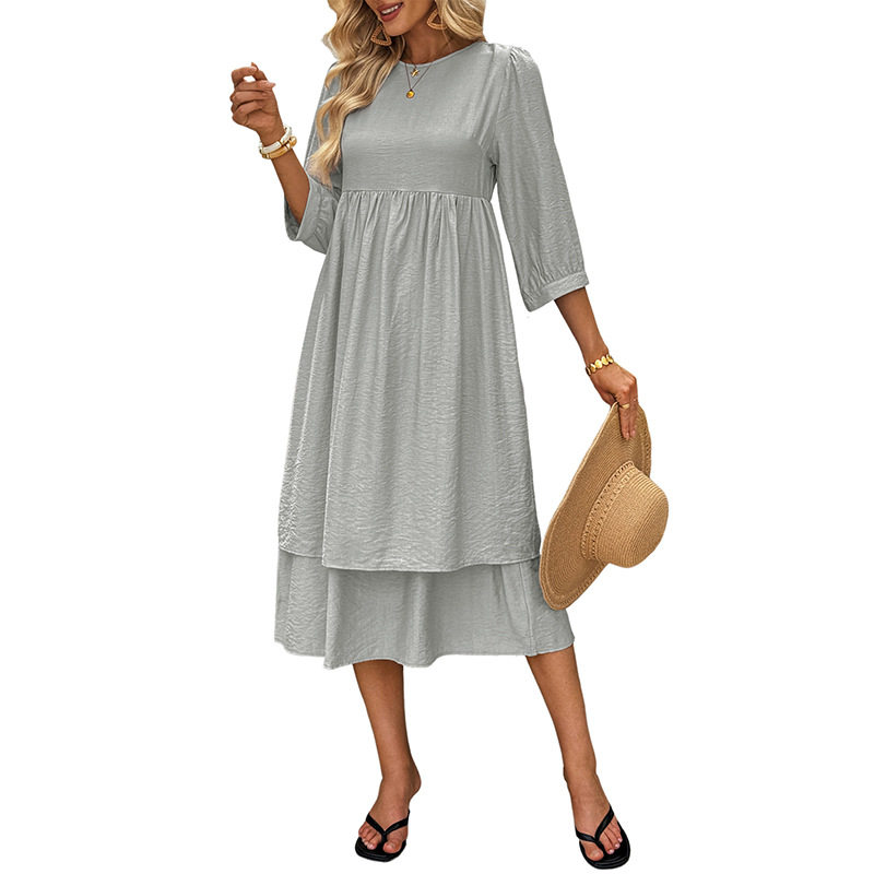 Casual Loose Fit Solid Color Dress Layered Design Short Sleeves Round Neck Vacation Wear Wholesale Available