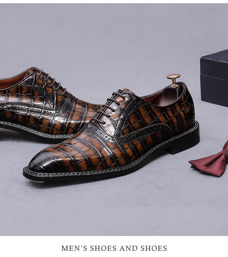 Giày Oxford nam da bò thật họa tiết kẻ sọc phong cách Anh Quốc — Xám xanh, Màu caramel