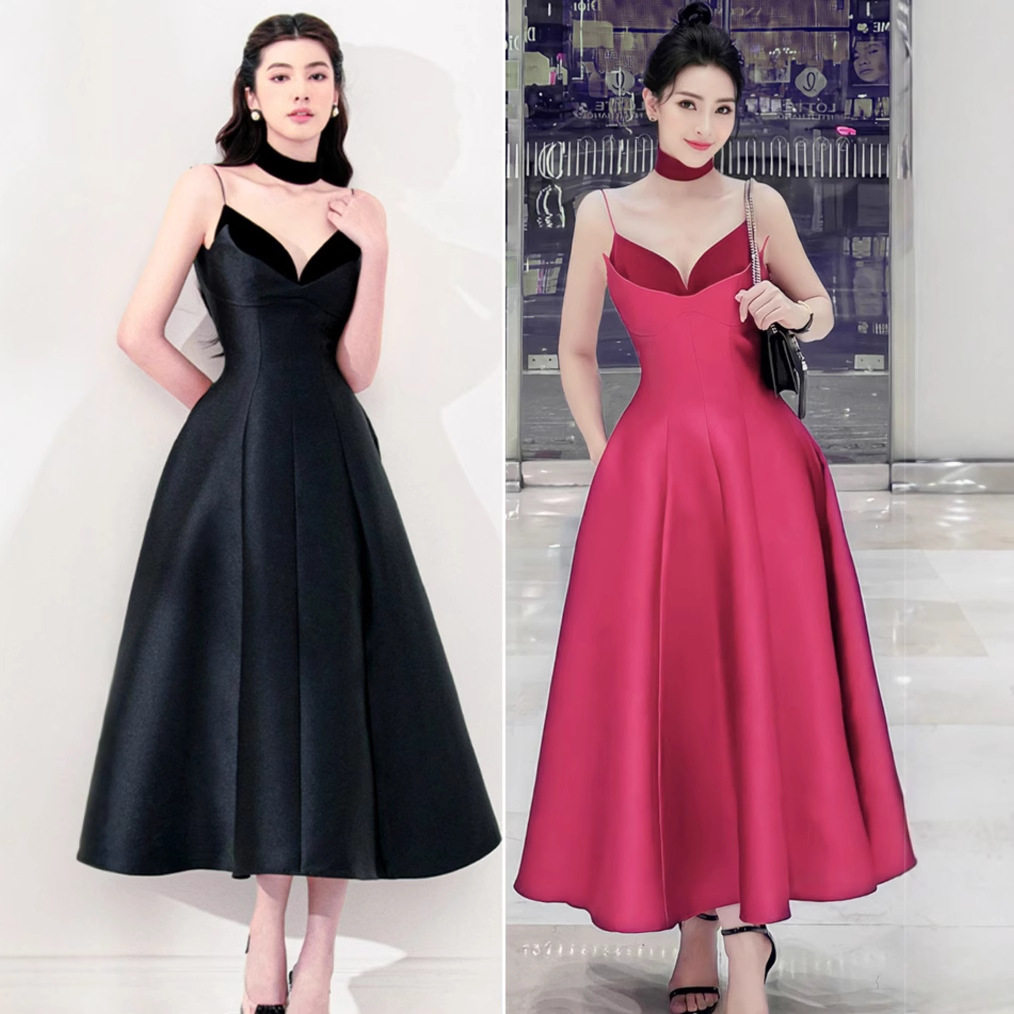 Đầm maxi nữ thắt eo cổ chữ V không tay dáng chữ A — Hồng, Đen
