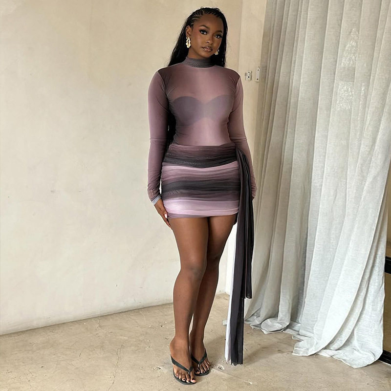 Gradient Color Block Bodycon Dress Breathable Fabric Long Sleeves Stand Collar Casual or Evening Wear Wholesale