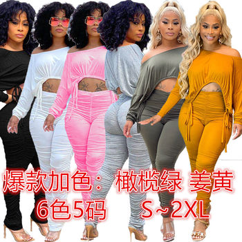 XY9060 Amazon Independent Station Explosions European and American Sexy Women's suit Slim Fit Pleated Drawstring Pants Two-piece Set