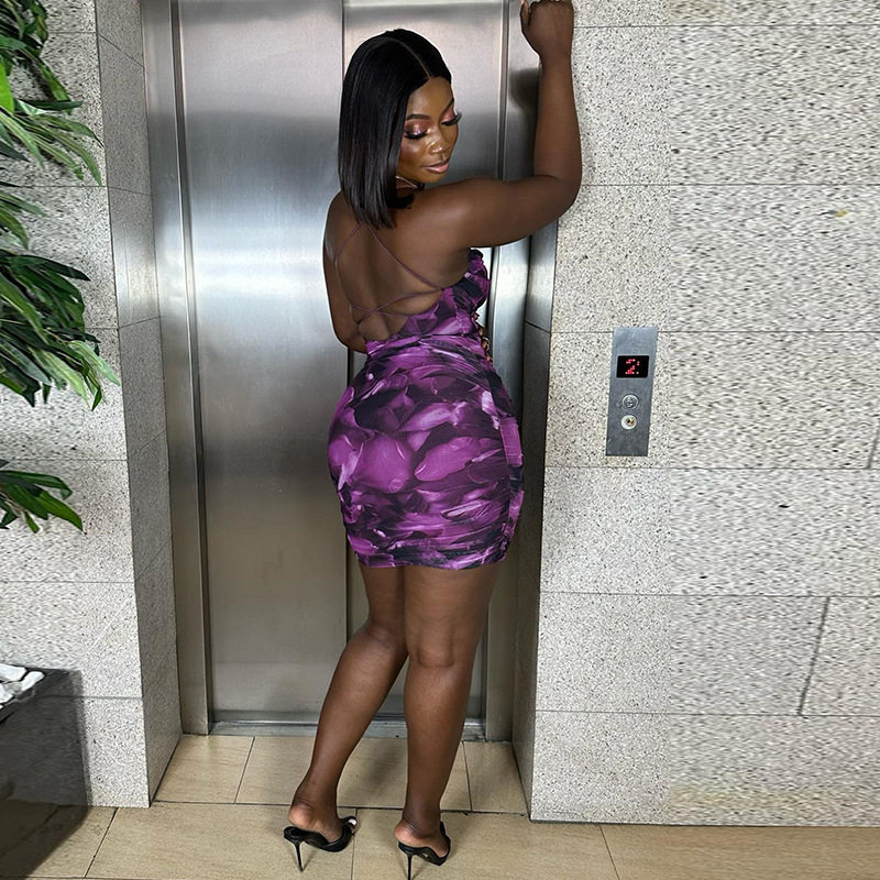 Fashionable Womens Bodycon Color Block Ruched Dress Floral Print Off Shoulder Sleeveless Ideal for Parties and