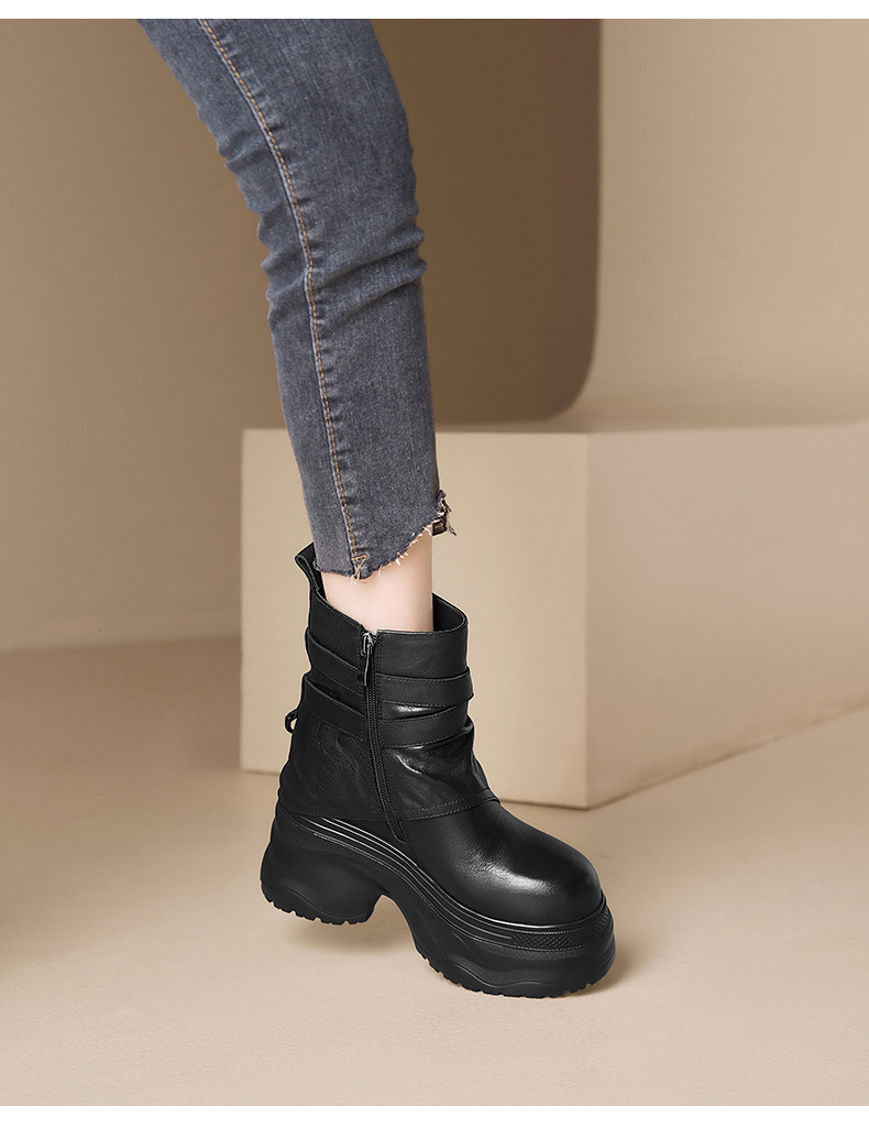 Boot nữ cổ thấp tăng chiều cao 12cm đế dày khóa kéo bên hông — Kaki lót đơn, Lớp lót đơn màu đen, Lớp lót đơn màu nâu, Lót nhung đen