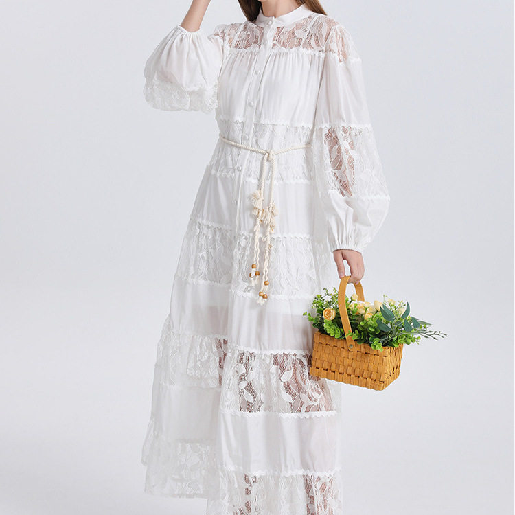 French Court Style Dress Fashionable Hollow Lace Waist Defined Lantern Sleeves Button Closure Flared Long Skirt