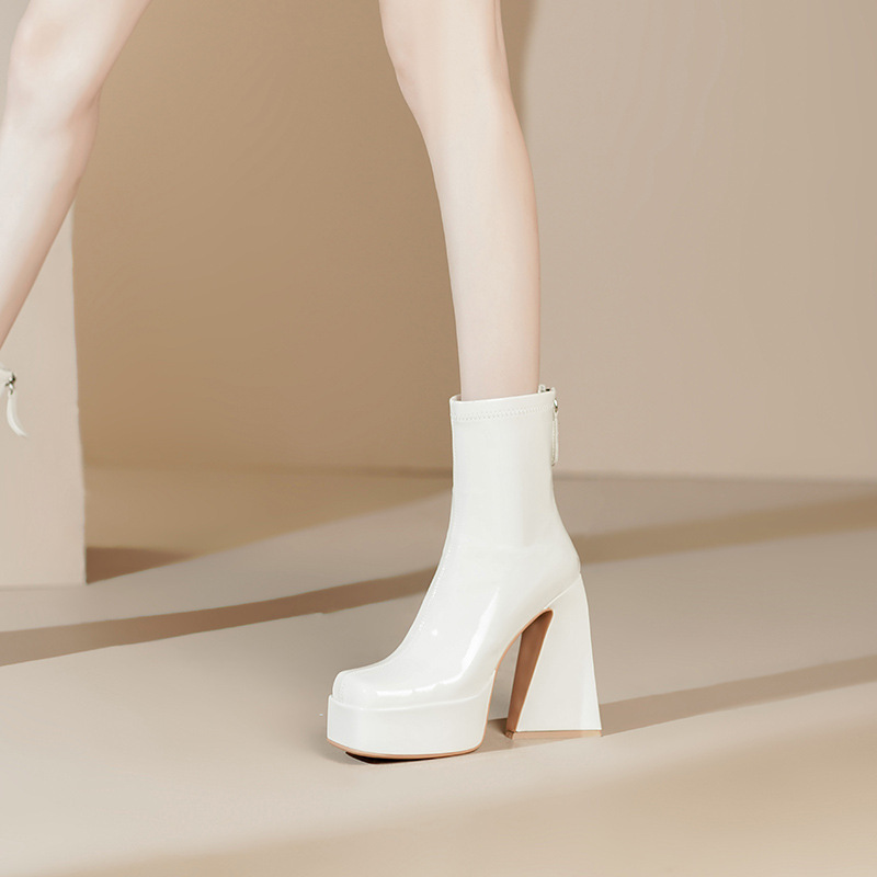 Boot nữ cổ ngắn gót siêu cao 13cm mũi vuông khóa kéo sau — Lớp lót đơn màu đen, Lót đơn màu trắng kem, Lót nhung đen, Lót nhung màu be