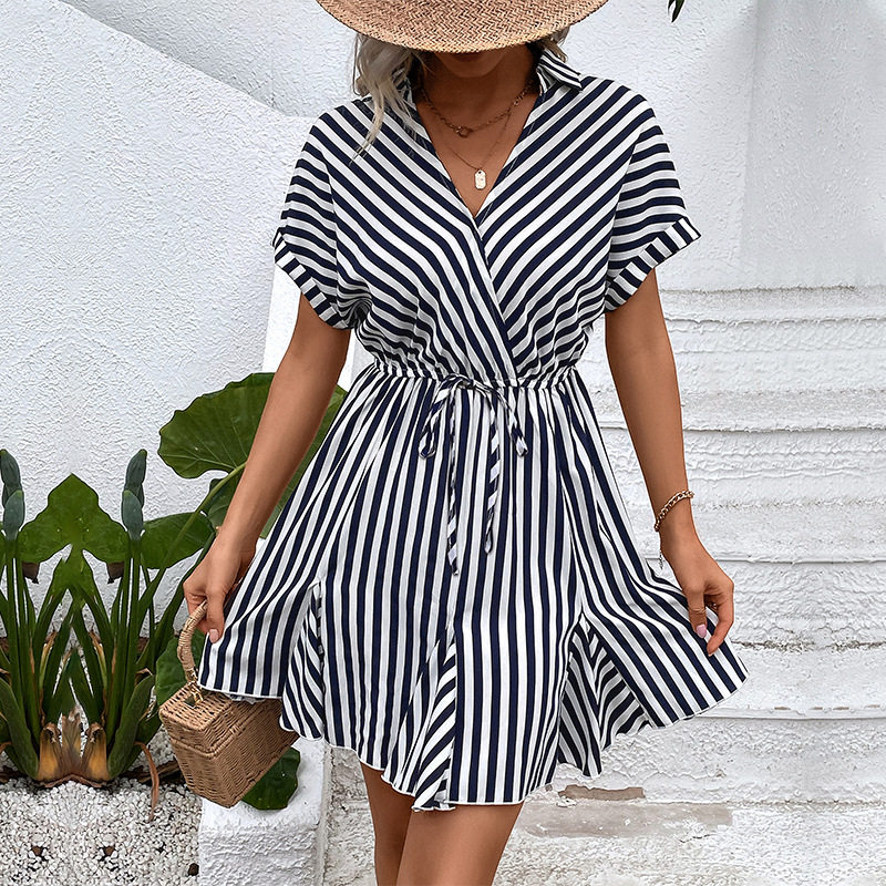 Ruffled Hem Striped Dress Waist Adjustable Shirt Collar Versatile Design Perfect for Casual Outings Wholesale