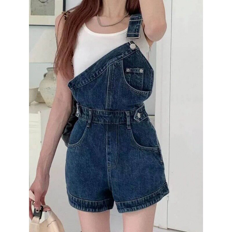 Womens Summer Denim Overalls Asymmetrical One Shoulder Design Loose Fit Trendy Style Casual Wear Wholesale