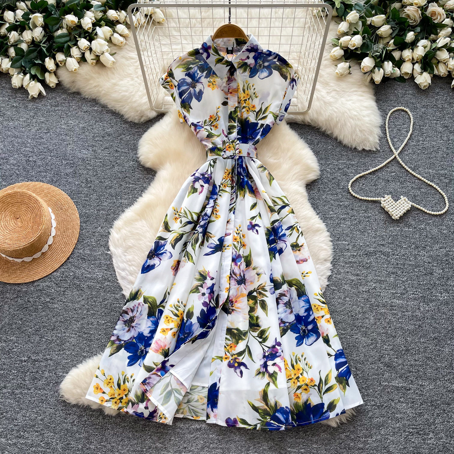 French Vacation Style Floral Print Sleeveless Maxi Dress Lightweight Waist Defining Flattering Fit Summer Elegance