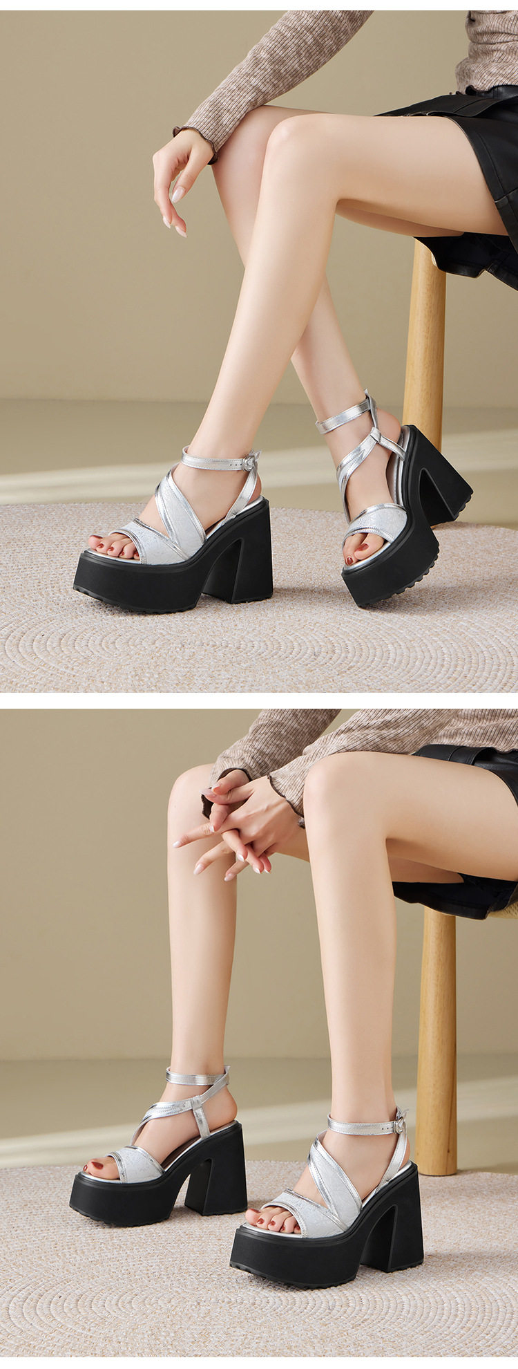 Sandal cao gót nữ mũi hở đế xuồng 12 cm da bò thật — [Đen], [Vàng nhạt], [Bạc] chi tiết 7