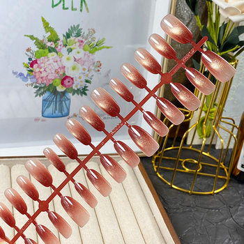 Autumn and Winter Handmade Wearable Manicure Red Gradient French Style Light-Chasing Cat Eye Nude Short Pre-Made Nail Patches Wholesale