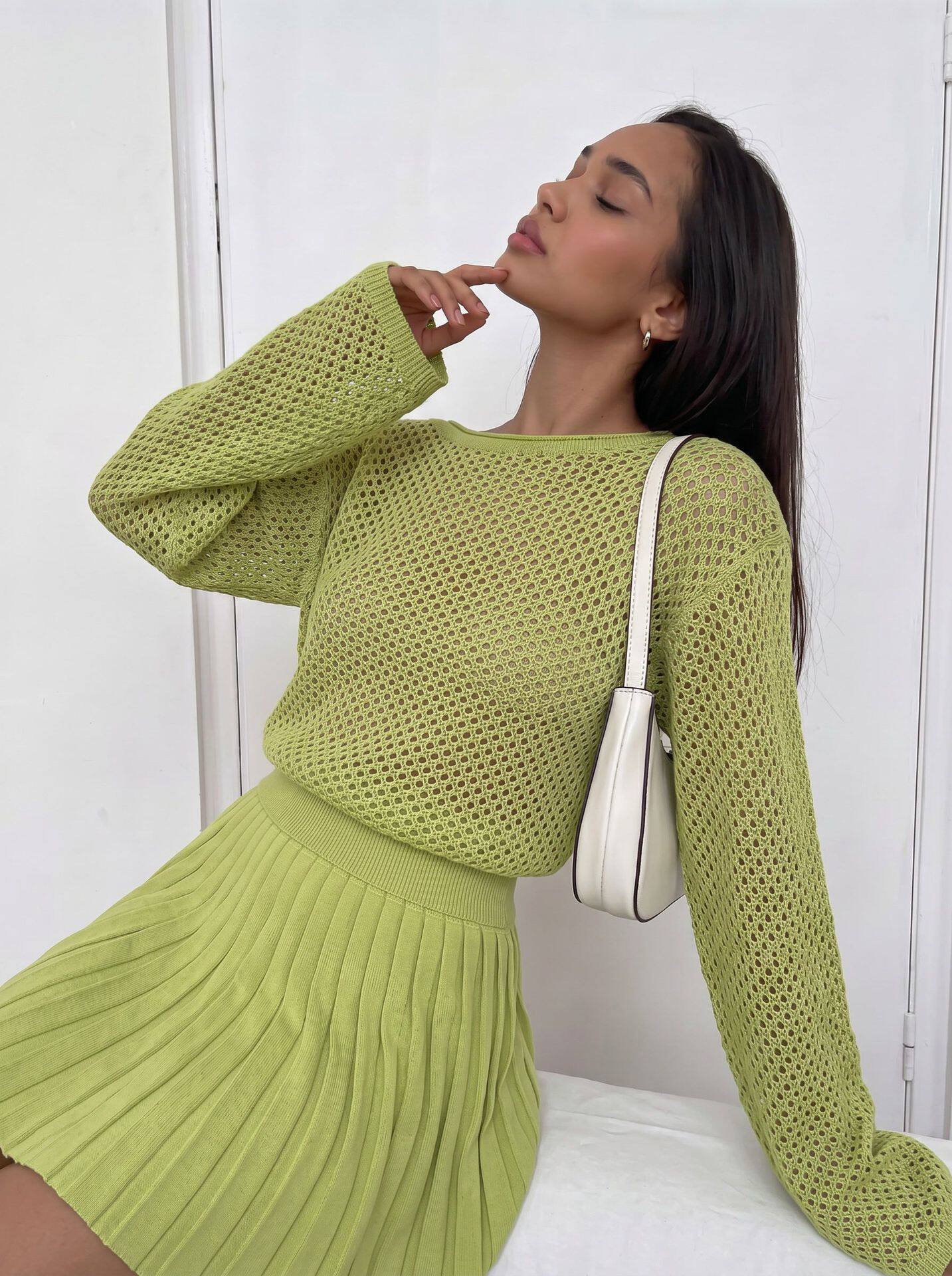 Lace Knit Sweater and Pleated Skirt Set Loose Fit Casual Style Comfortable Fabric Perfect for Autumn Winter Wear