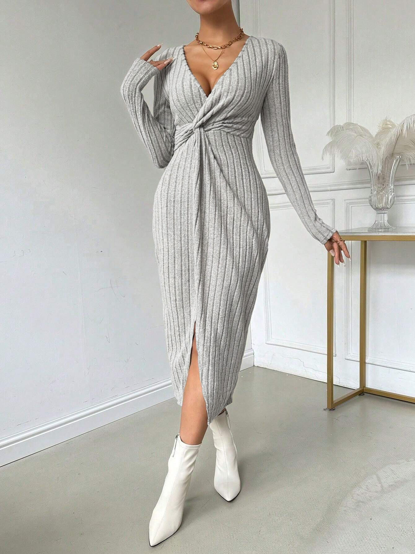Elegant High Waisted Midi Dress Simple Design Side Slit Spring Summer Wholesale Available custom packaging