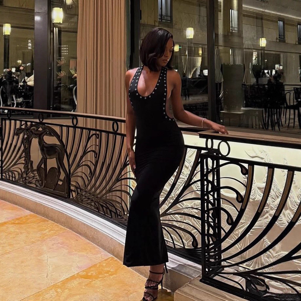 American Style Sleeveless Bodycon Dress High Elasticity Cut Out Back U Neck Slim Fit Solid Color Perfect for