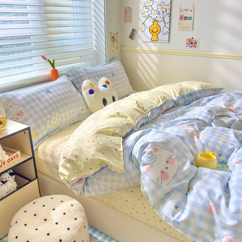 Category a Maternal and Infant Grade Ins Cartoon Quilt Cover Four-Piece Set Pure Cotton Thickeneded Washed Cotton Bed Sheetss Pure Cotton Dormitory Three-Piece Set