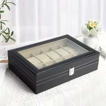 Ready Stock, Quick Delivery, Pu Leather Twelve-Slot Watch Box with Transparent Window Display, Exquisite Lock, Mechanical Watch Packaging Box
