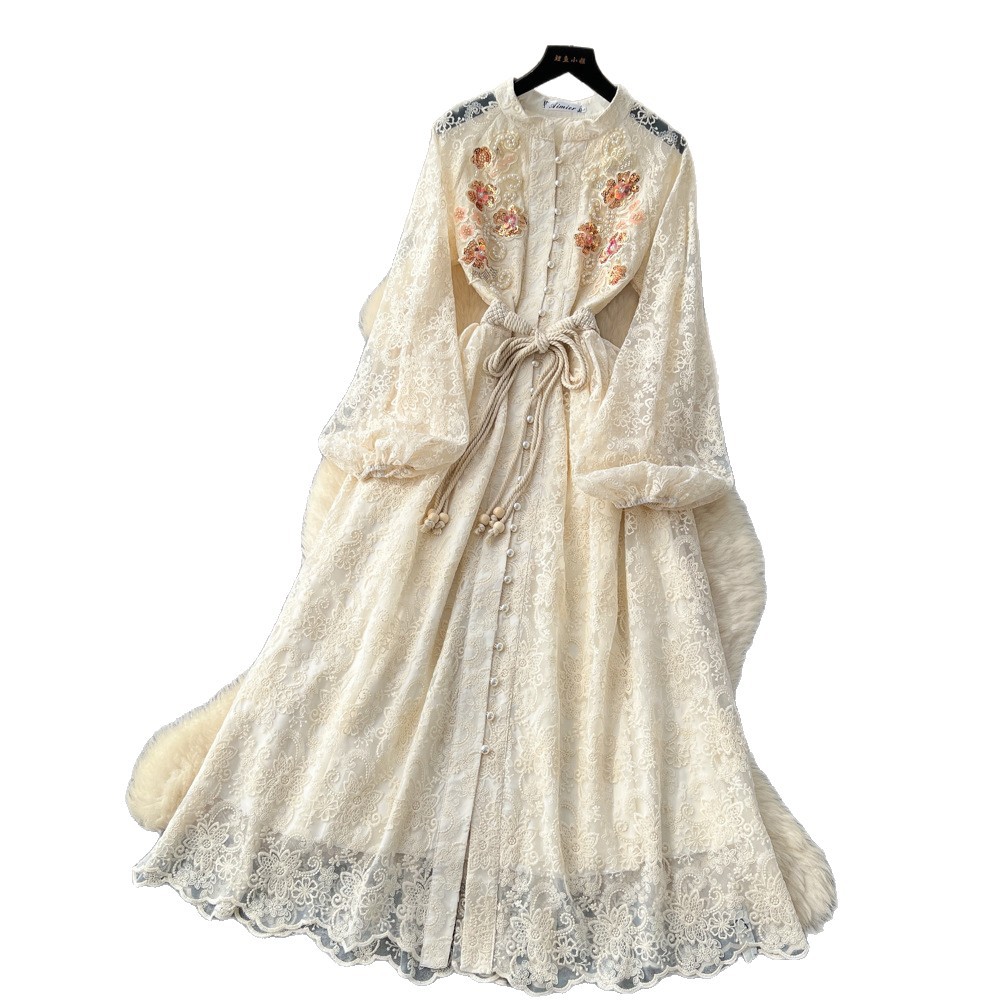 French Vintage Beaded Sequin Embroidered Waist Tie Lantern Sleeve Dress Elegant Long Dress for Autumn Wholesale Available