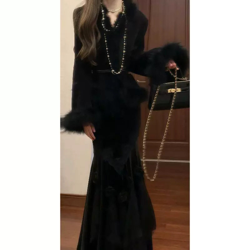 Luxurious Winter Fur Coat & Three-Dimensional Floral Velvet Fishtail Skirt Slim-Fit Two-Piece Set Trendy
