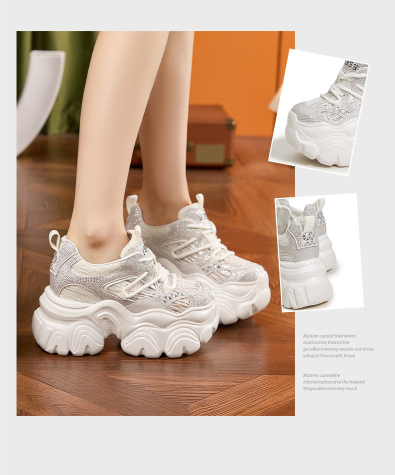 Giày sneaker nữ chunky đế dày lưới thoáng khí, tăng chiều cao, phong cách thể thao — Bạc, Trắng chi tiết 3