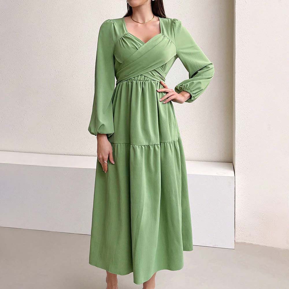 Elegant V Neck Midi Dress Fresh Spring Summer Style Youthful Green Color Wholesale Available OEM ODM service