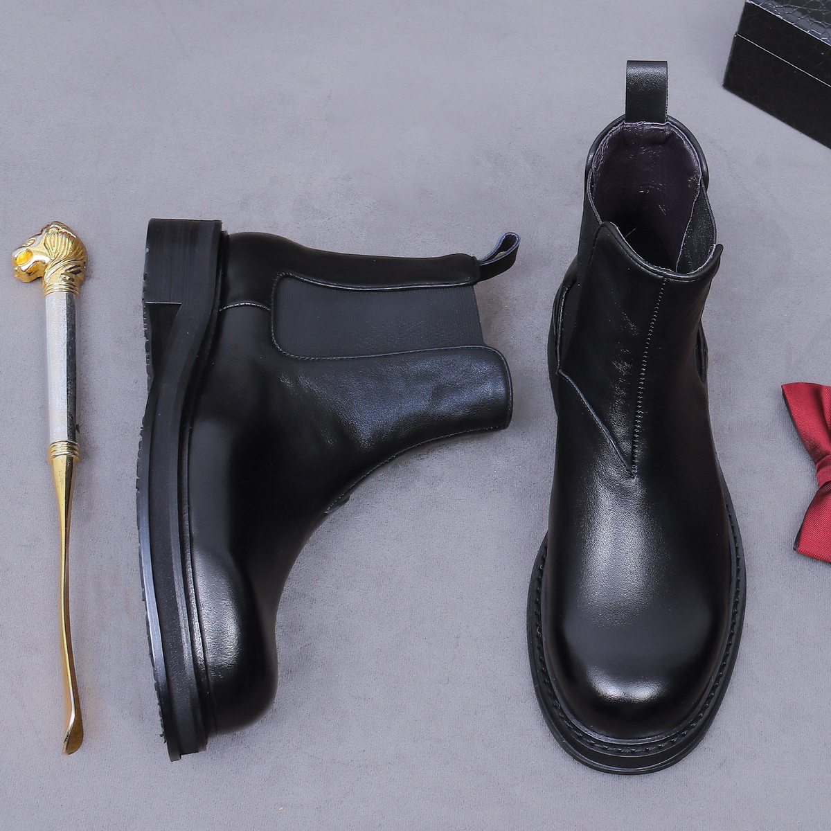 Giày boot Chelsea nam da bò thật cổ thấp đế dày phong cách công sở — đen