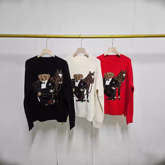 26Th Autumn/Winter Collection Heavy Wool Cartoon Bear Round Neck College Style Youthful Sweater Unisex