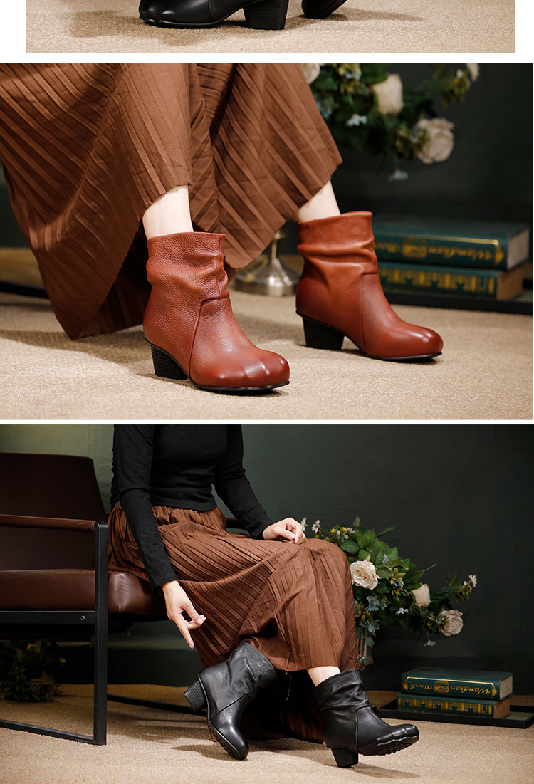 Boot nữ cổ thấp da bò thật gót vuông phong cách cổ điển — đen, màu nâu