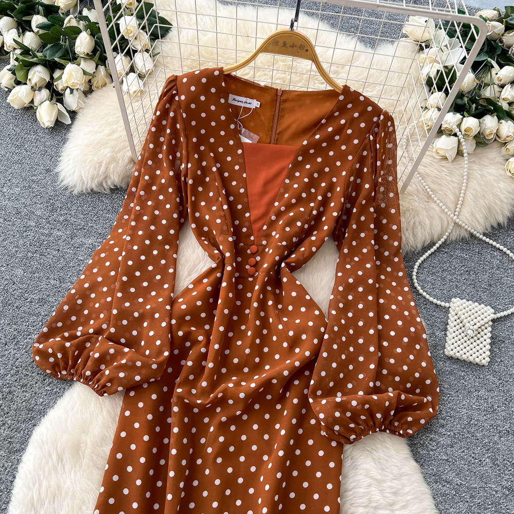 Vintage Polka Dot V Neck Puff Sleeve Dress Slim Fit Elegant Mid Length Summer Office Wear Wholesale Available